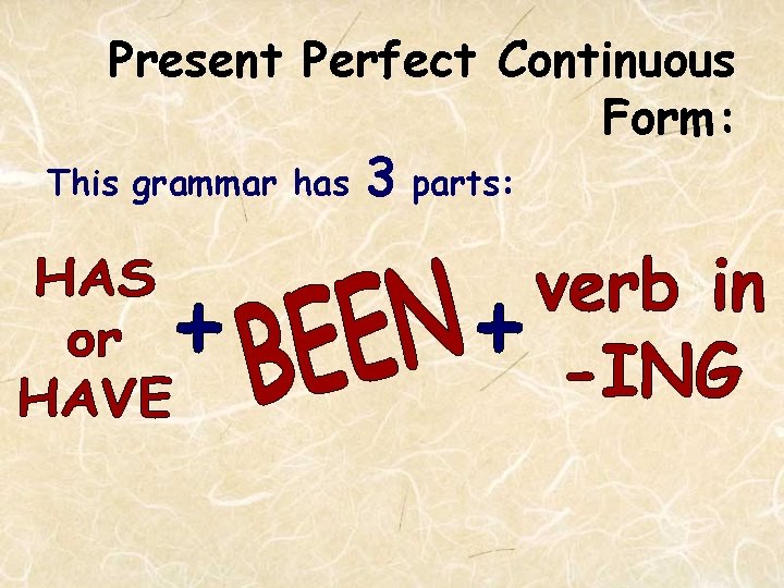 Present Perfect Continuous Form: This grammar has 3 parts: 