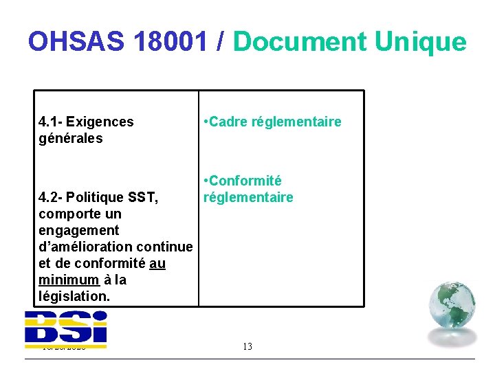 OHSAS 18001 / Document Unique 4. 1 - Exigences générales 4. 2 - Politique