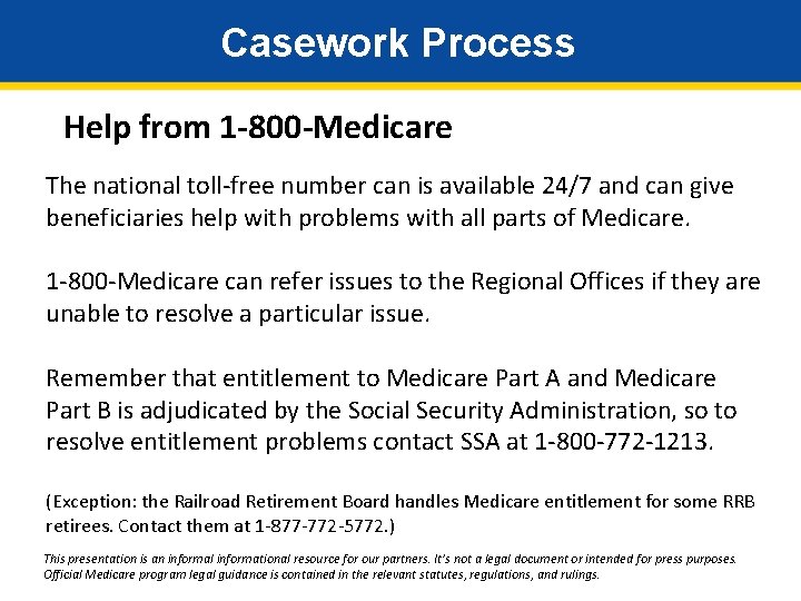 Casework Process Help from 1‐ 800‐Medicare The national toll‐free number can is available 24/7