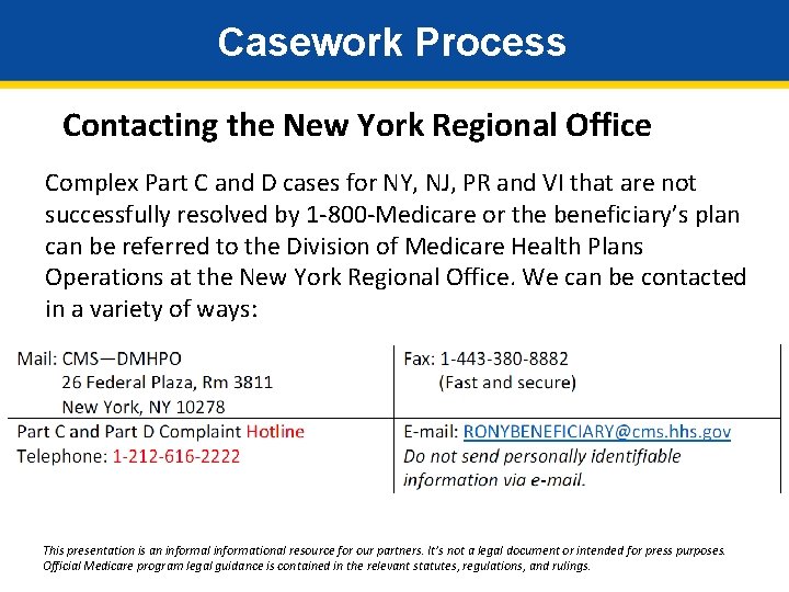 Casework Process Contacting the New York Regional Office Complex Part C and D cases