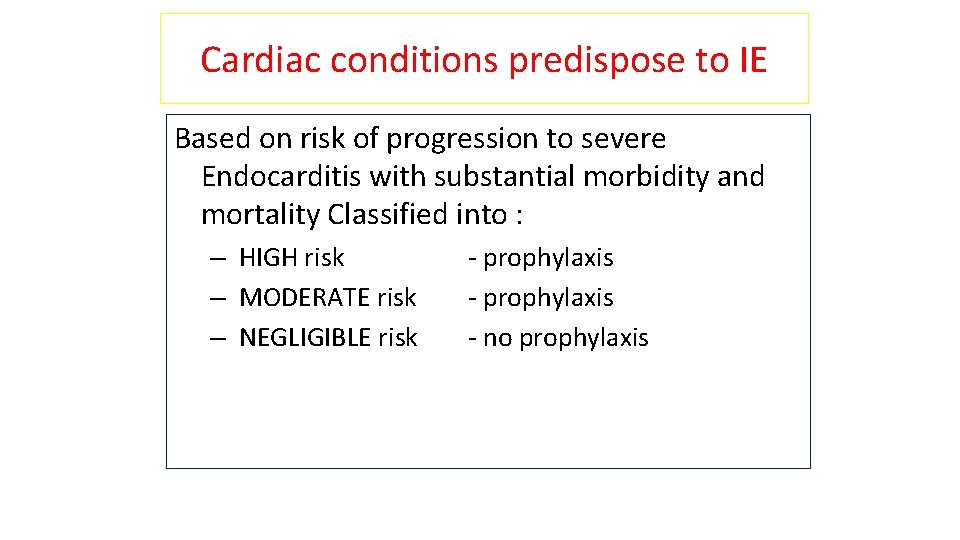 Cardiac conditions predispose to IE Based on risk of progression to severe Endocarditis with