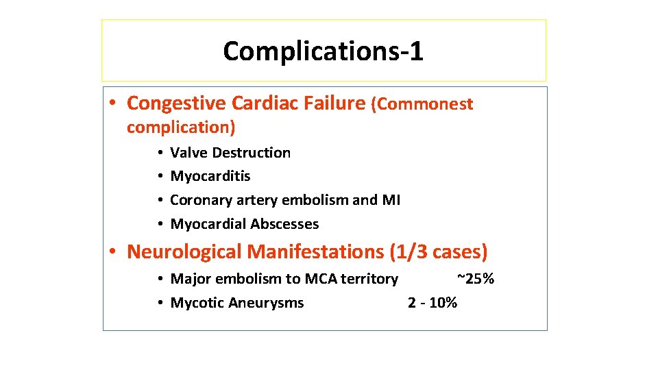 Complications-1 • Congestive Cardiac Failure (Commonest complication) • • Valve Destruction Myocarditis Coronary artery