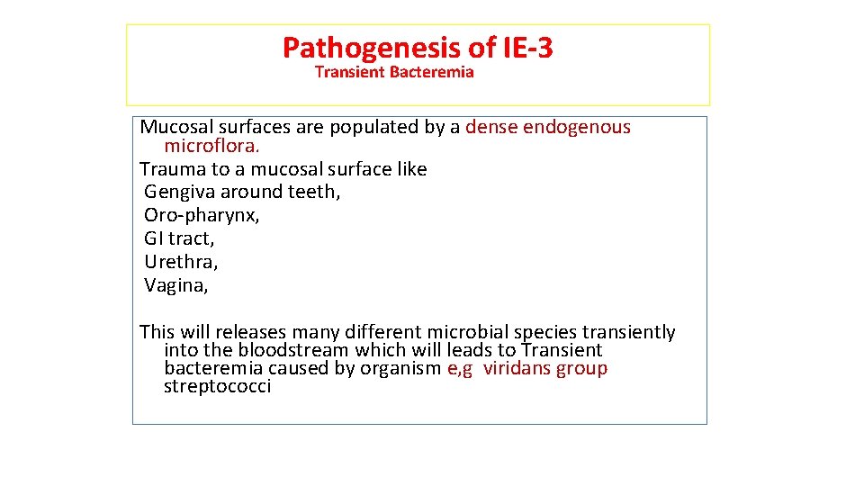 Pathogenesis of IE-3 Transient Bacteremia Mucosal surfaces are populated by a dense endogenous microflora.