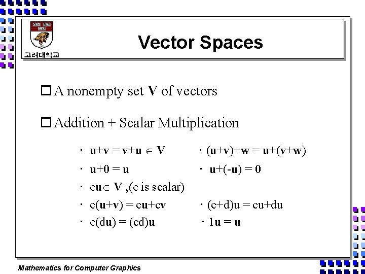 Vector Spaces o A nonempty set V of vectors o Addition + Scalar Multiplication