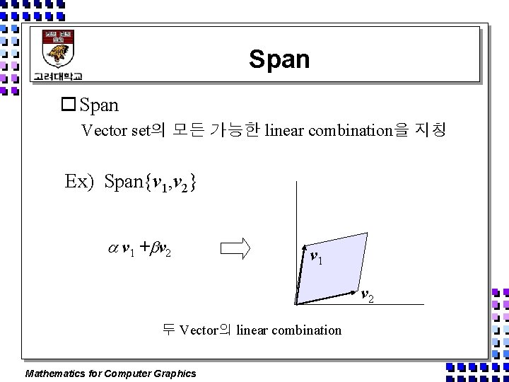 Span o Span Vector set의 모든 가능한 linear combination을 지칭 Ex) Span{v 1, v