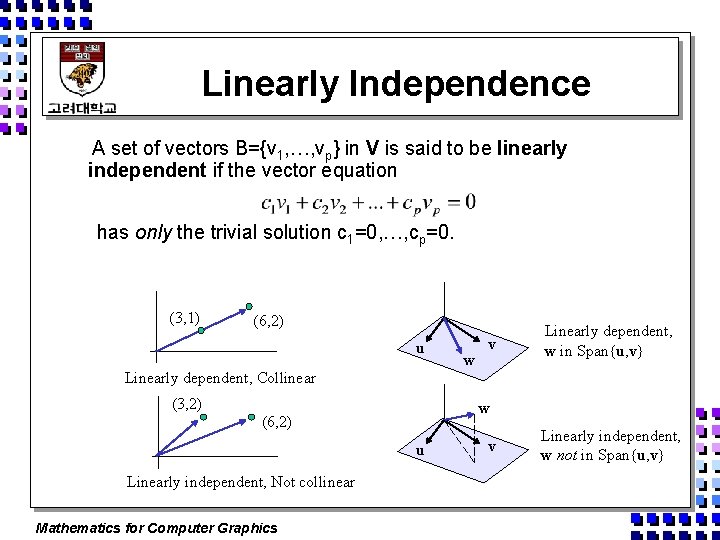 Linearly Independence A set of vectors B={v 1, …, vp} in V is said