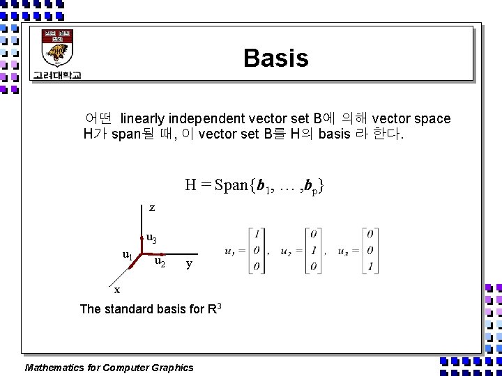 Basis 어떤 linearly independent vector set B에 의해 vector space H가 span될 때, 이