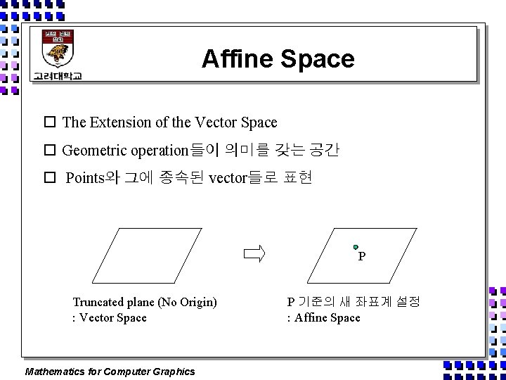Affine Space o The Extension of the Vector Space o Geometric operation들이 의미를 갖는