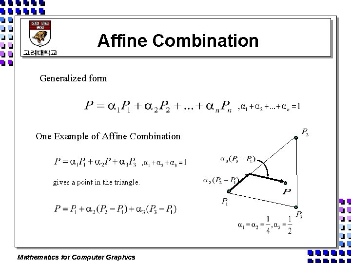 Affine Combination Generalized form One Example of Affine Combination gives a point in the