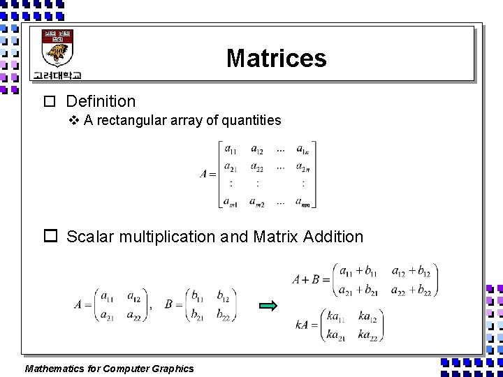 Matrices o Definition v A rectangular array of quantities o Scalar multiplication and Matrix