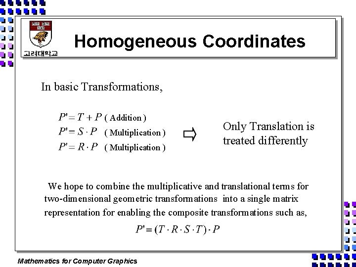 Homogeneous Coordinates In basic Transformations, ( Addition ) ( Multiplication ) Only Translation is