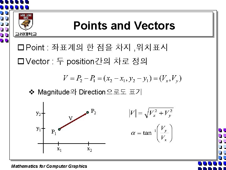 Points and Vectors o Point : 좌표계의 한 점을 차지 , 위치표시 o Vector