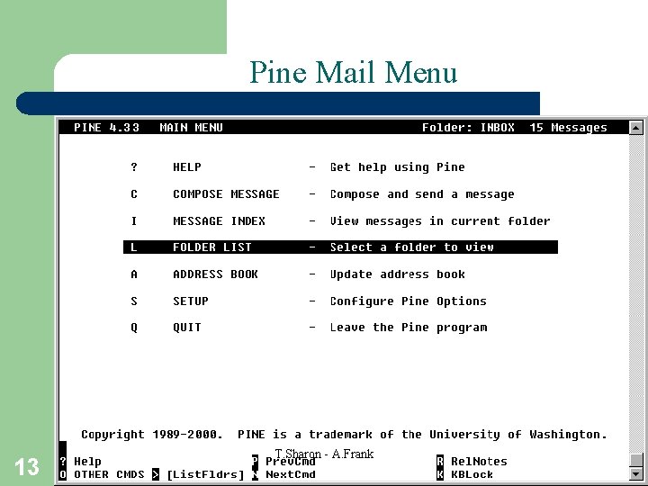 Pine Mail Menu 13 T. Sharon - A. Frank 