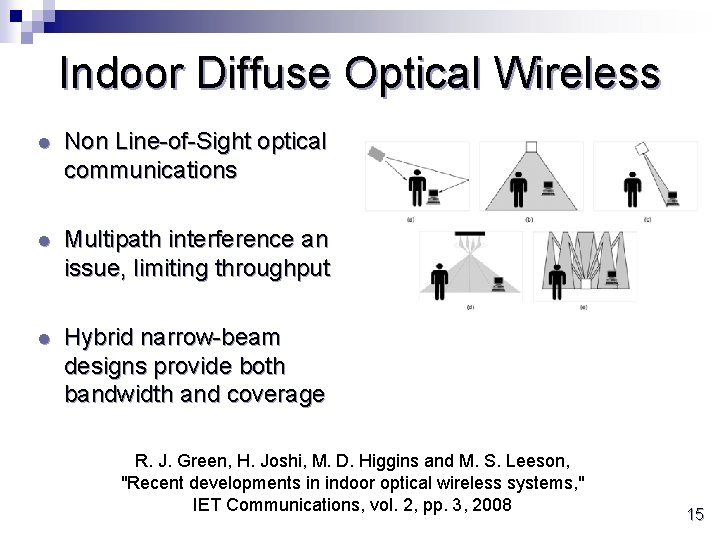 Indoor Diffuse Optical Wireless l Non Line-of-Sight optical communications l Multipath interference an issue,