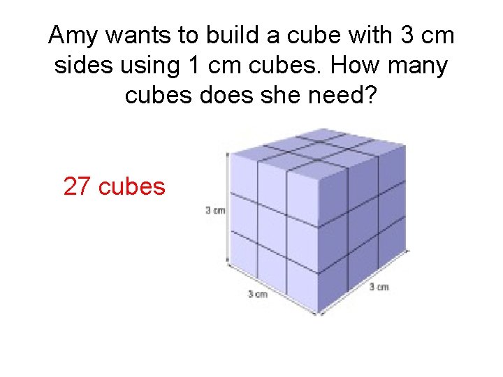 Amy wants to build a cube with 3 cm sides using 1 cm cubes.