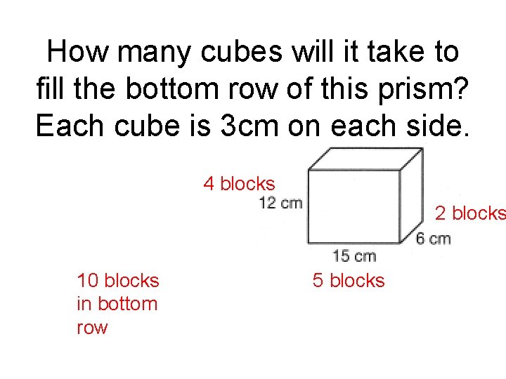 How many cubes will it take to fill the bottom row of this prism?