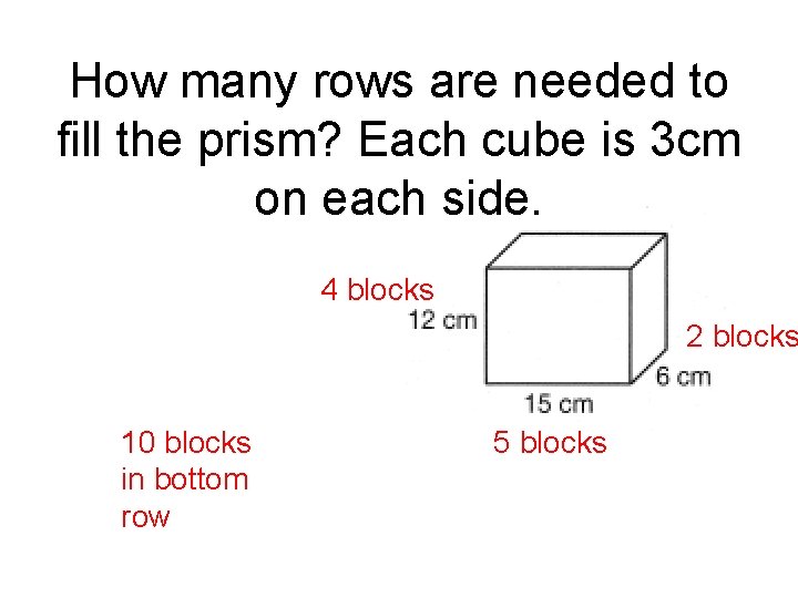 How many rows are needed to fill the prism? Each cube is 3 cm