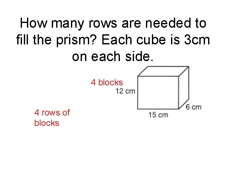 How many rows are needed to fill the prism? Each cube is 3 cm