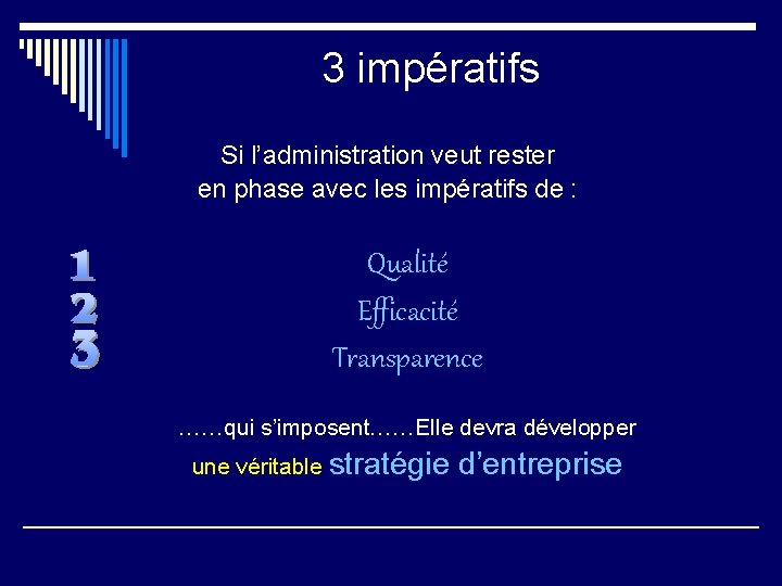 3 impératifs Si l’administration veut rester en phase avec les impératifs de : Qualité 3 impératifs Si l’administration veut rester en phase avec les impératifs de : Qualité
