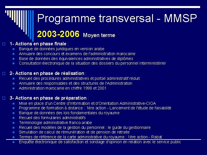 Programme transversal - MMSP 2003 -2006 Moyen terme o 1 - Actions en phase