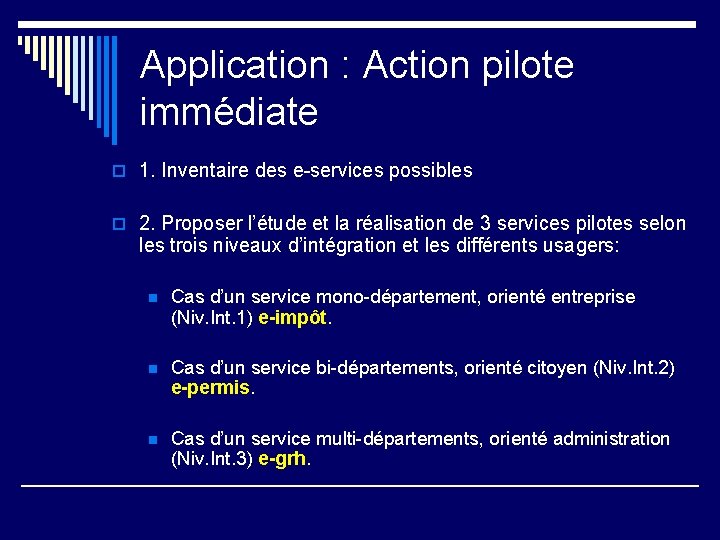 Application : Action pilote immédiate o 1. Inventaire des e-services possibles o 2. Proposer