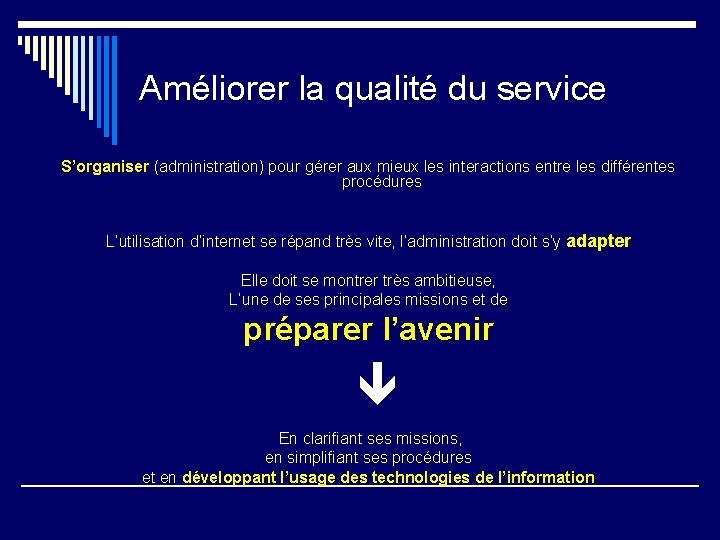 Améliorer la qualité du service S’organiser (administration) pour gérer aux mieux les interactions entre