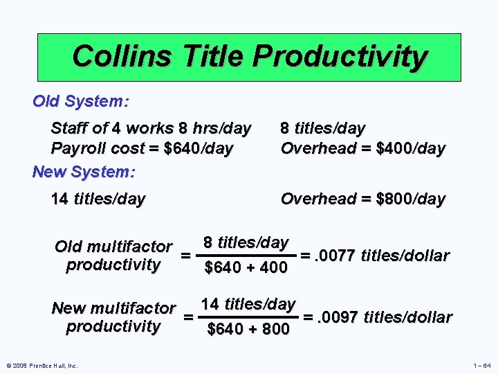 Collins Title Productivity Old System: Staff of 4 works 8 hrs/day Payroll cost =