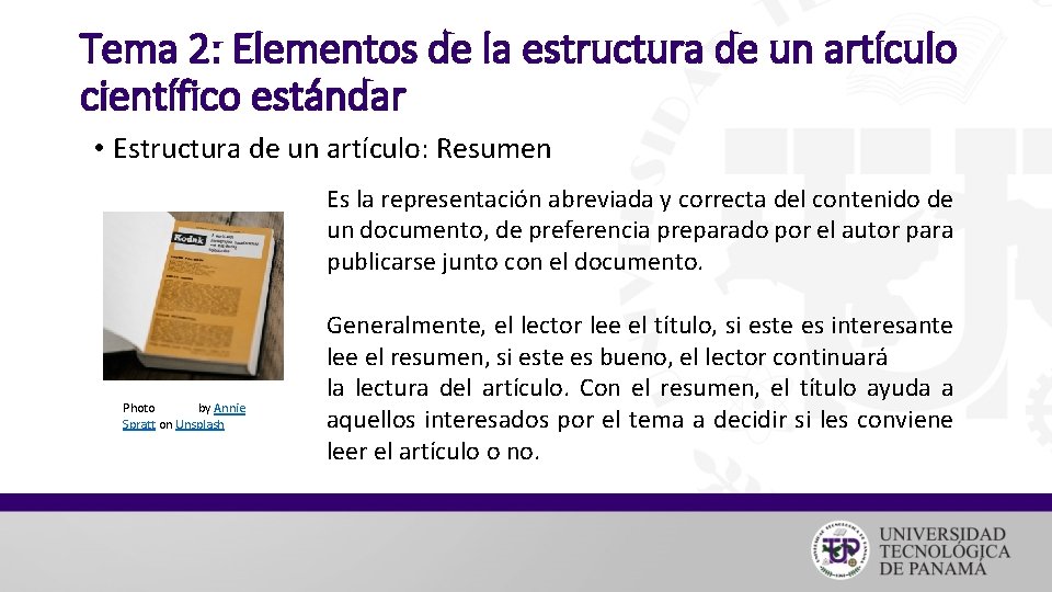 Tema 2: Elementos de la estructura de un artículo científico estándar • Estructura de