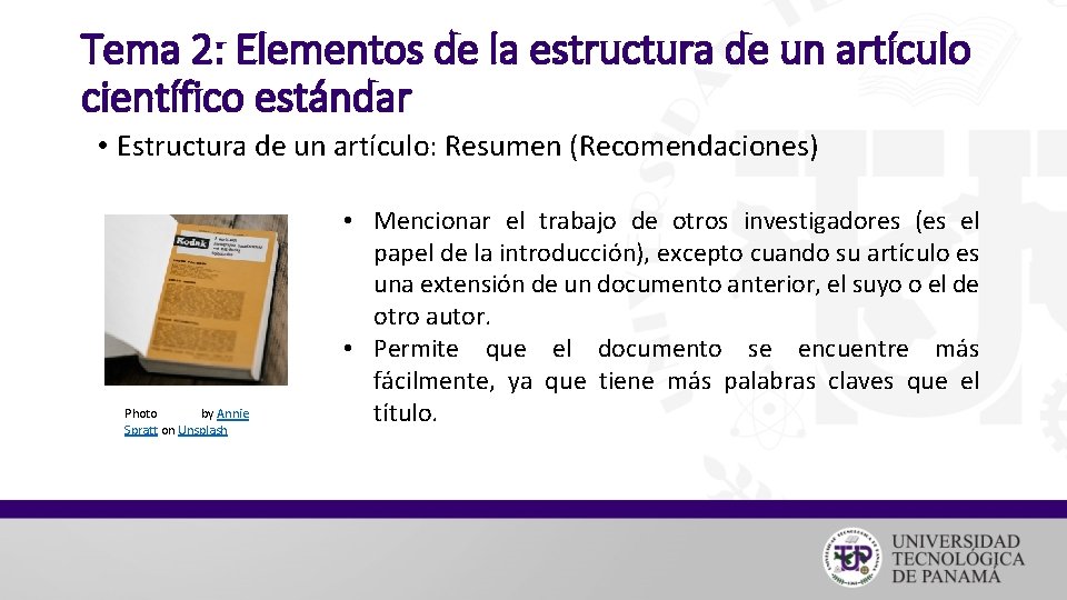 Tema 2: Elementos de la estructura de un artículo científico estándar • Estructura de
