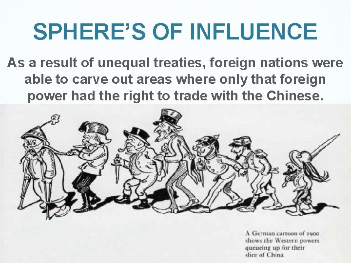 SPHERE’S OF INFLUENCE As a result of unequal treaties, foreign nations were able to