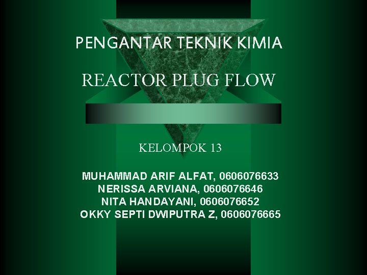 PENGANTAR TEKNIK KIMIA REACTOR PLUG FLOW KELOMPOK 13 MUHAMMAD ARIF ALFAT, 0606076633 NERISSA ARVIANA,