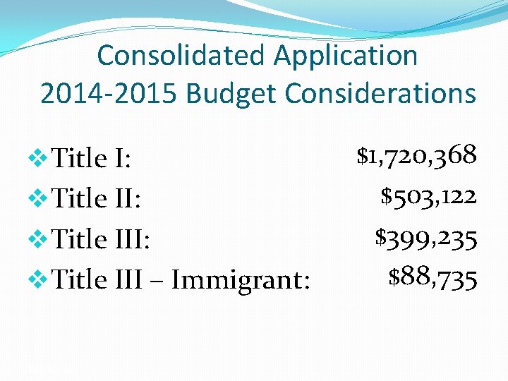 Consolidated Application 2014 -2015 Budget Considerations v. Title I: v. Title III: v. Title