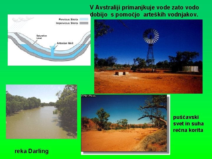 V Avstraliji primanjkuje vode zato vodo dobijo s pomočjo arteških vodnjakov. puščavski svet in V Avstraliji primanjkuje vode zato vodo dobijo s pomočjo arteških vodnjakov. puščavski svet in