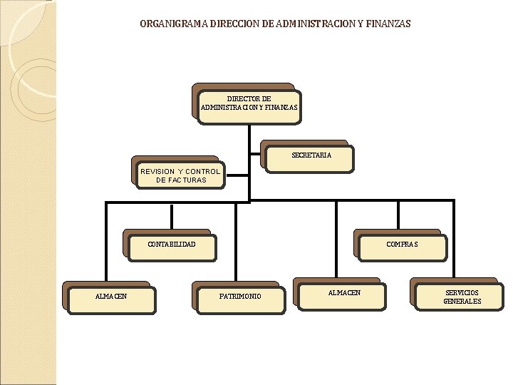 ORGANIGRAMA DIRECCION DE ADMINISTRACION Y FINANZAS DIRECTOR DE ADMINISTRACION Y FINANZAS SECRETARIA REVISION Y