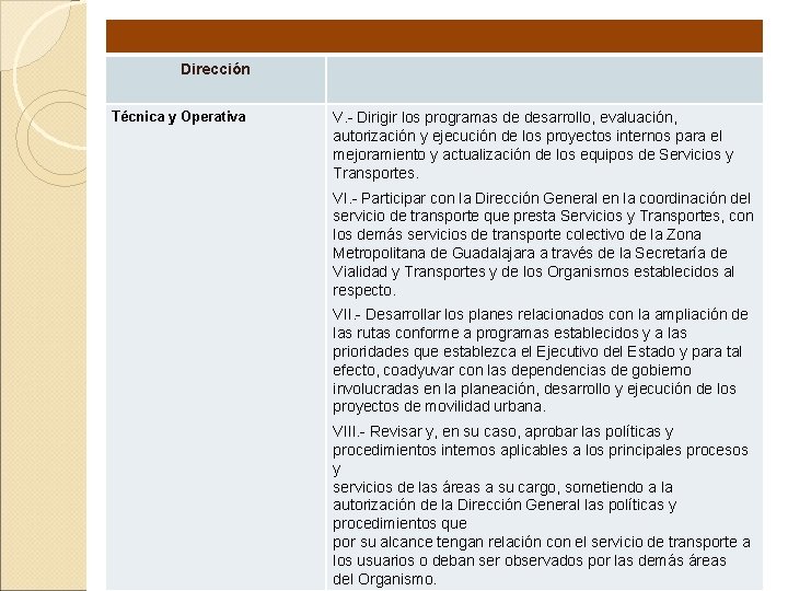 Dirección Técnica y Operativa V. - Dirigir los programas de desarrollo, evaluación, autorización y