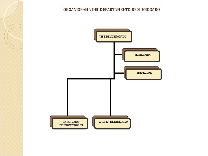 ORGANIGRAMA DEL DEPARTAMENTO DE SUBROGADO JEFE DE SUBROGADO SECRETARIA INSPECTOR ENCARGADO DE PROVEEDORES CHOFER
