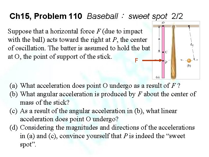 Ch 15, Problem 110 Baseball： sweet spot 2/2 Suppose that a horizontal force F