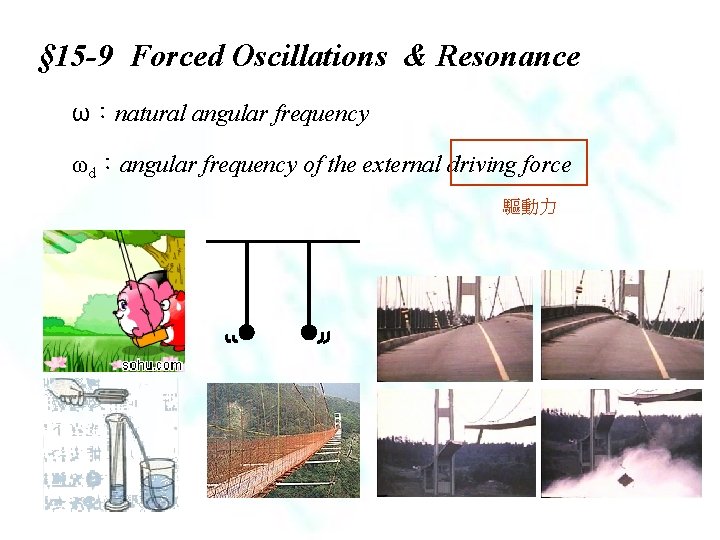 § 15 -9 Forced Oscillations & Resonance ω：natural angular frequency ωd：angular frequency of the
