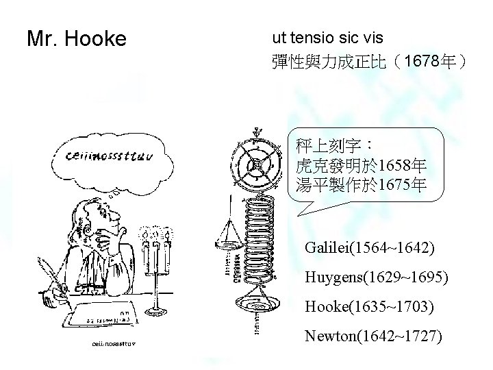 Mr. Hooke ut tensio sic vis 彈性與力成正比（1678年） 秤上刻字： 虎克發明於 1658年 湯平製作於 1675年 Galilei(1564~1642) Huygens(1629~1695)