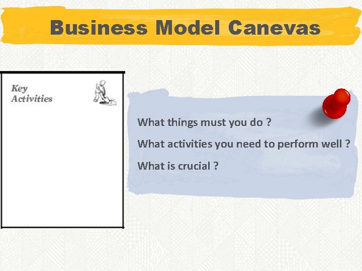 Business Model Canevas What things must you do ? What activities you need to