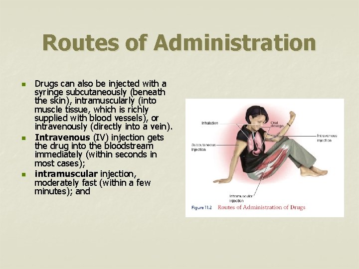 Routes of Administration n Drugs can also be injected with a syringe subcutaneously (beneath