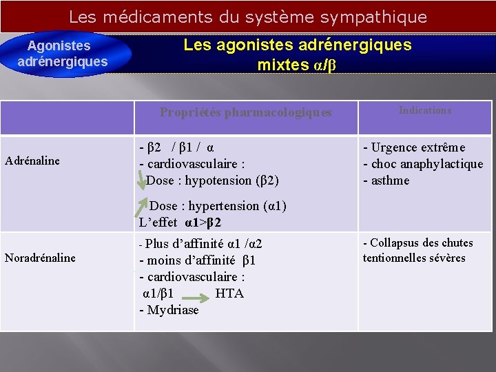 Les médicaments du système sympathique Les agonistes adrénergiques mixtes α/β Agonistes adrénergiques Propriétés pharmacologiques