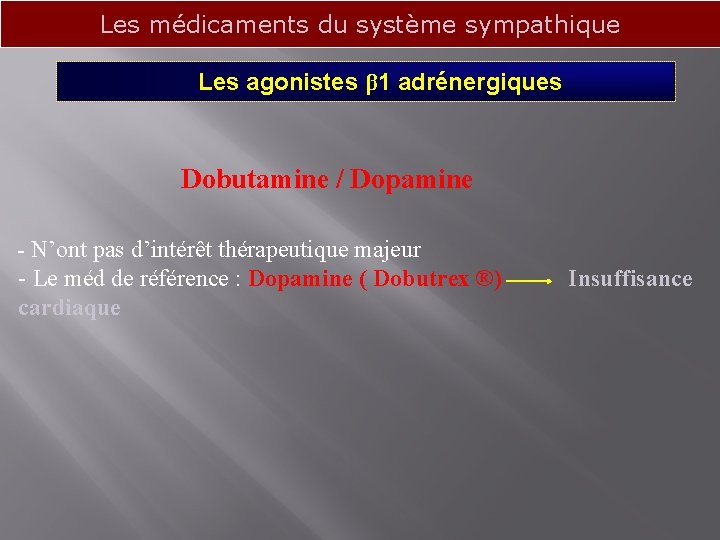 Les médicaments du système sympathique Les agonistes β 1 adrénergiques Dobutamine / Dopamine -