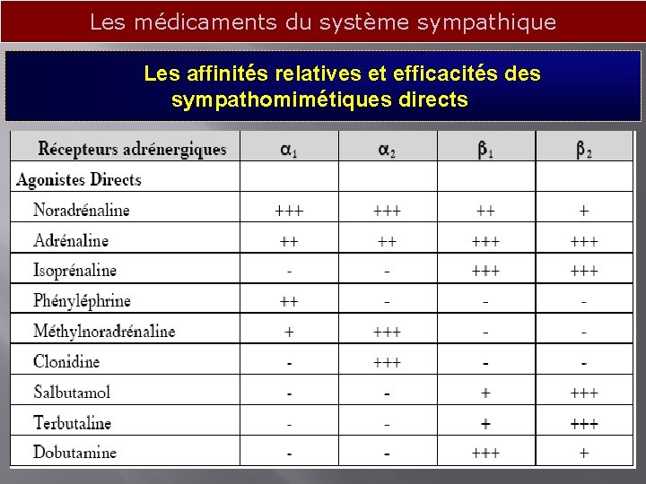 Les médicaments du système sympathique Les affinités relatives et efficacités des sympathomimétiques directs 