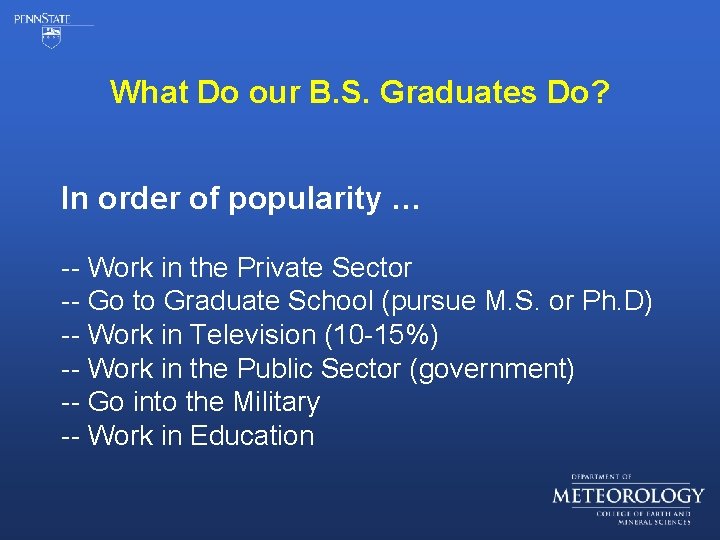 What Do our B. S. Graduates Do? In order of popularity … -- Work