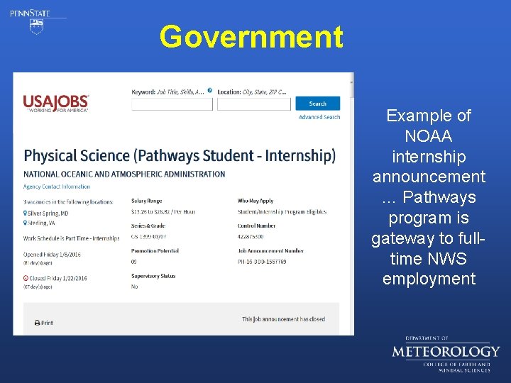 Government Example of NOAA internship announcement … Pathways program is gateway to fulltime NWS