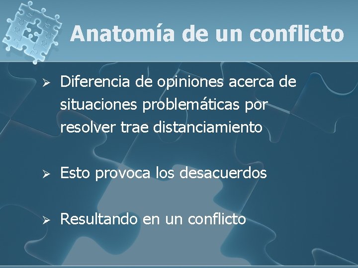 Anatomía de un conflicto Ø Diferencia de opiniones acerca de situaciones problemáticas por resolver Anatomía de un conflicto Ø Diferencia de opiniones acerca de situaciones problemáticas por resolver