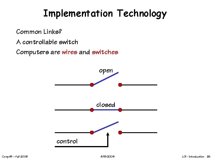 Implementation Technology Common Links? A controllable switch Computers are wires and switches open closed