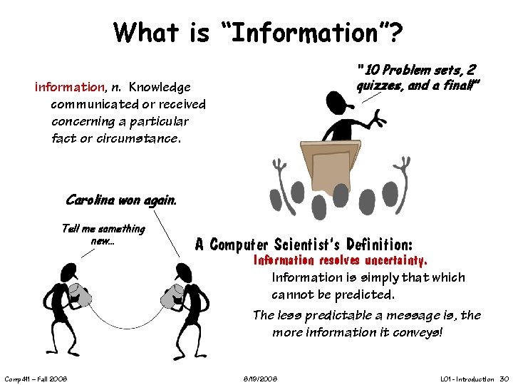 What is “Information”? “ 10 Problem sets, 2 quizzes, and a final!” information, n.