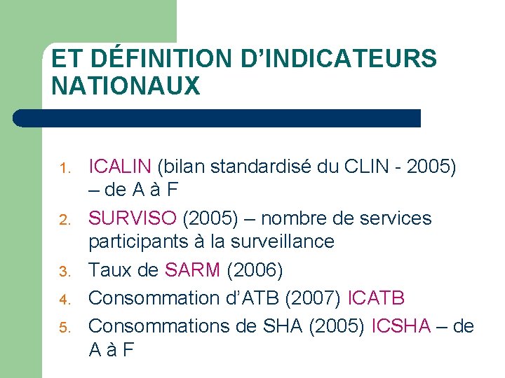 ET DÉFINITION D’INDICATEURS NATIONAUX 1. 2. 3. 4. 5. ICALIN (bilan standardisé du CLIN
